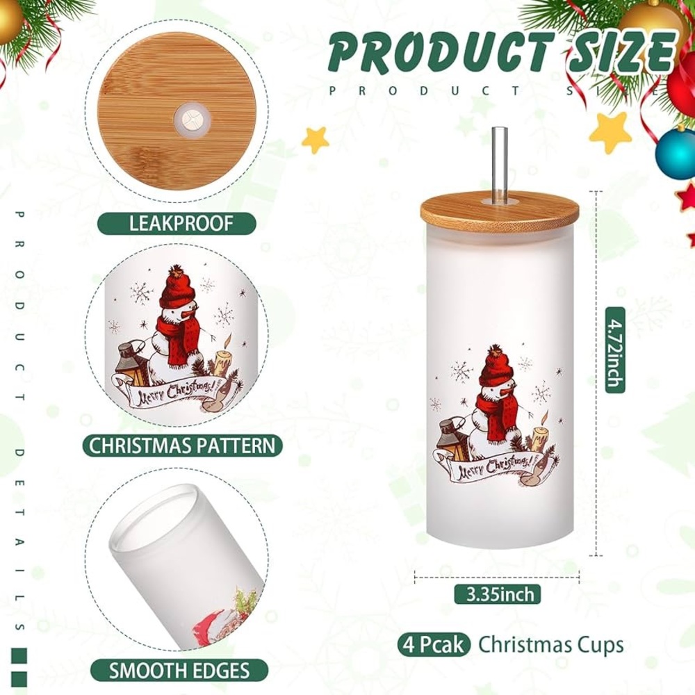 Festive/4 Pieces Christmas Glass Cups Set 16 oz/Bamboo Lids - Picture 8 of 14